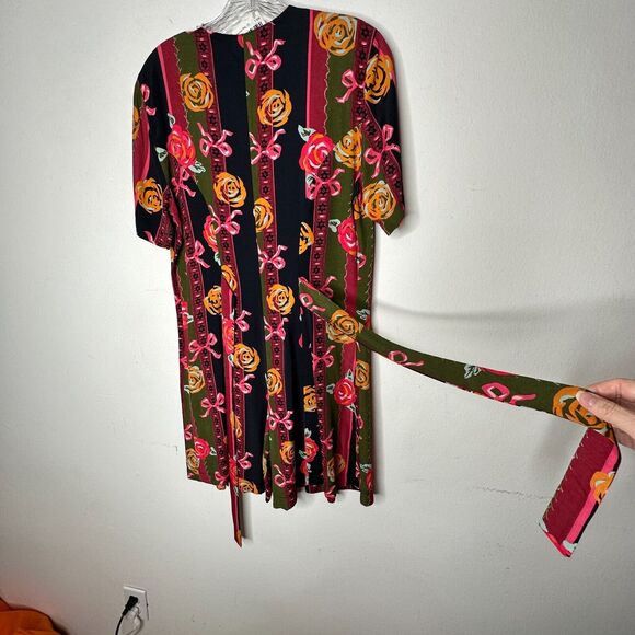 NWT RARE Vintage Dead Stock Black Green Stripe Red Rose Pink Bow Romper Medium - Picture 9 of 9